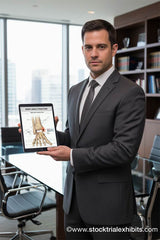 Male attorney holding iPad vertically with Medial Malleolus Fracture of the Right Ankle stock medical exhibit — for demand letters, mediation or trial presentation. Instant Download Trial Exhibits.
