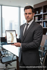 Male attorney holding iPad with T12 compression fracture thoracic spine trial exhibit for demand letters, mediation or trial presentation. Instant Download Trial Exhibits
