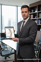 Male attorney holding iPad with T12 thoracic spine fracture trial exhibit for demand letters, mediation or trial presentation. Instant Download Trial Exhibits
