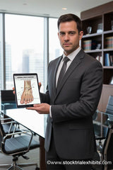 male-attorney-holding-ipad-vertically-with-ankle-anatomy-stock-medical-exhibit-for demand letters, mediation or trial presentation. Instant Download Trial Exhibits