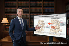 Male attorney gesturing toward large monitor with T12 compression fracture compared to normal thoracic spine trial exhibit for demand letters, mediation or trial presentation. Instant Download Trial Exhibits
